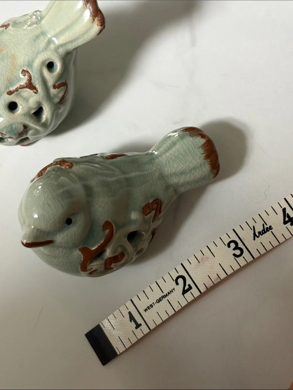 Ceramic Bird Figurine Pair in Pale Sage with Brown Accents